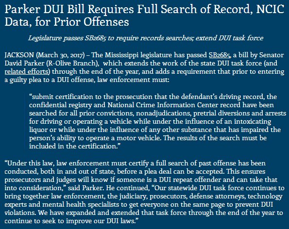 The #msleg continued DUI reform efforts w/ SB2685 requiring NCIC checks for prior offense &amp; extending DUI taskforce bit.ly/2nzAkMc