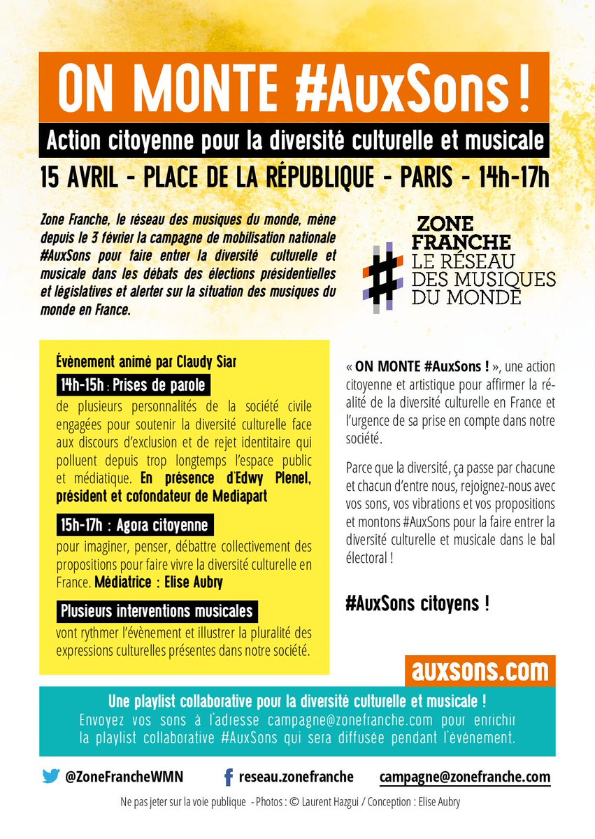 ZoneFrancheWMN's tweet photo. L'action nationale ON MONTE #AuxSons ! arrive à grands pas ! Relayez et soutenez la campagne pour la diversité culturelle et musicale https://t.co/KfOhFx9P4b