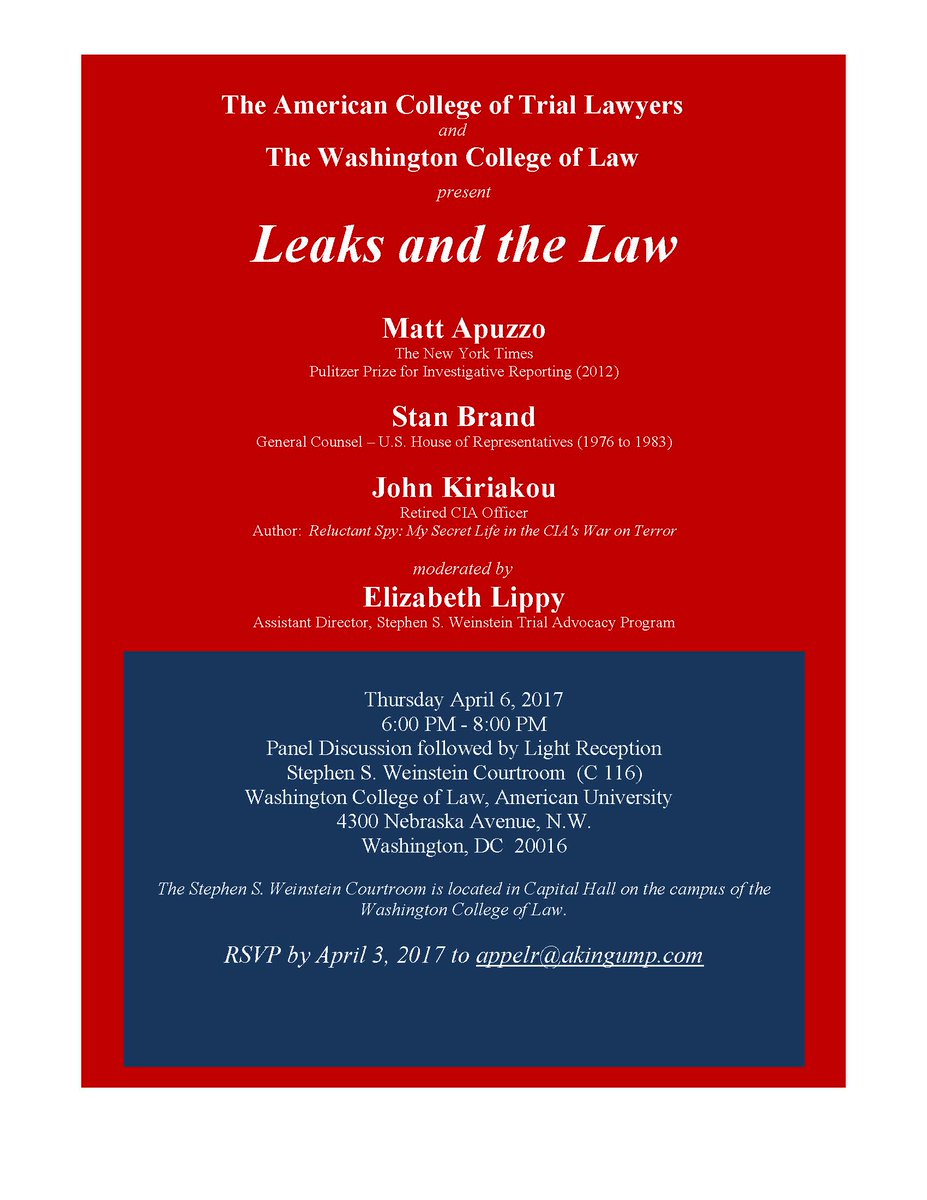 AUWCL_alumni's tweet photo. Check out this panel on April 6: "Leaks and the Law" hosted by our own @WCLTrialAd #buildwhatmatter #auwcl https://t.co/K5sZPhfuzV