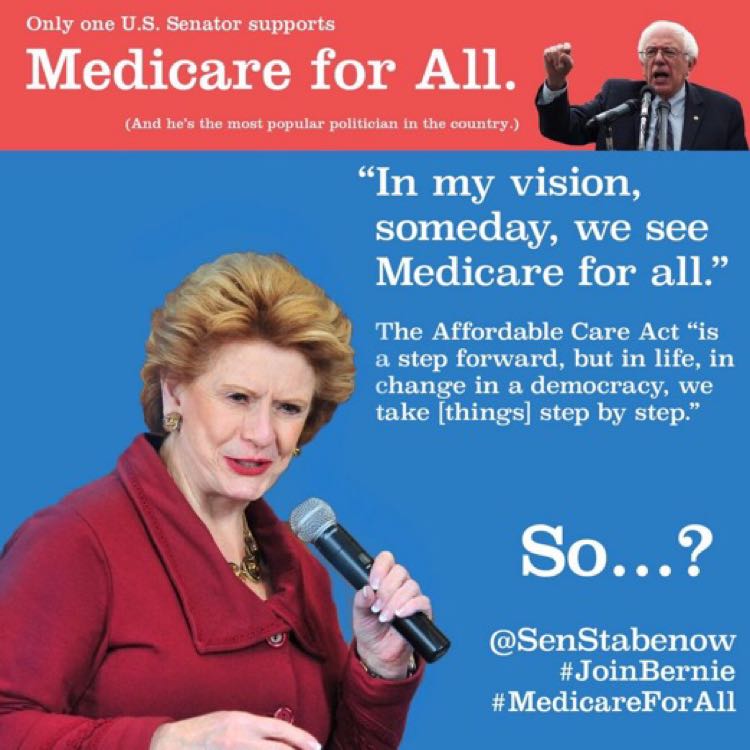 OurPoliticalRev's tweet photo. .@SenStabenow now is the time to #JoinBernie and support a Medicare for All system. It is the next step for healthcare. https://t.co/BWEOZ85ZmB
