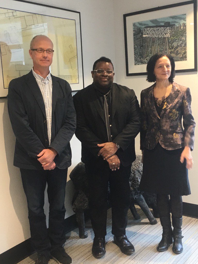 OCAD's tweet photo. Pres. Sara Diamond &amp; resident artist Isaac Julien after their talk w/ @davidpecklive  from rabble.ca @GlobalXProject https://t.co/f6y7yhR6PG