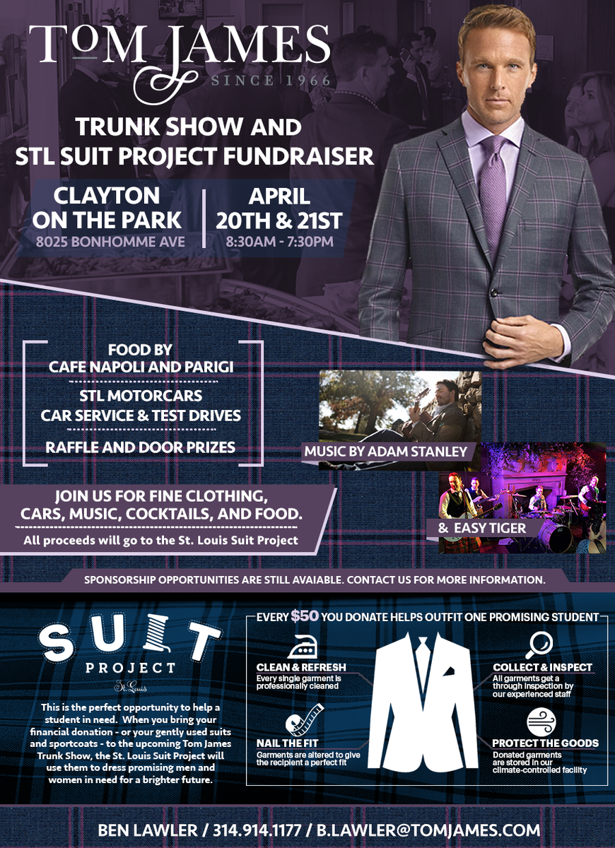 STLSuitProject's tweet photo. We hope you will join us April 20th &amp; 21st for a great event for a great cause. Sponsorship opportunities still available. #stl #tomjames https://t.co/fuag7vOJny