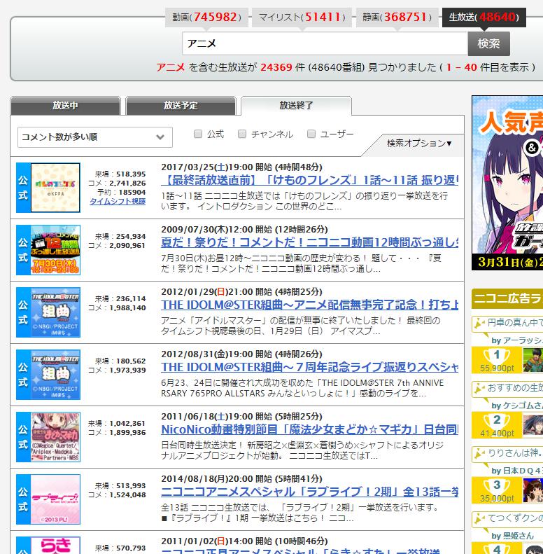 坂崎ふれでぃ メロンで新刊頒布中 生放送を アニメ くくりで検索すると コメント1位にけものフレンズの1 11話放送がくる 凄いなぁ 続いてまどマギ一挙 ラブライブ一挙 らきすた一挙 化物語一挙 この辺はコメント数だけじゃなくて来場者数もやばい