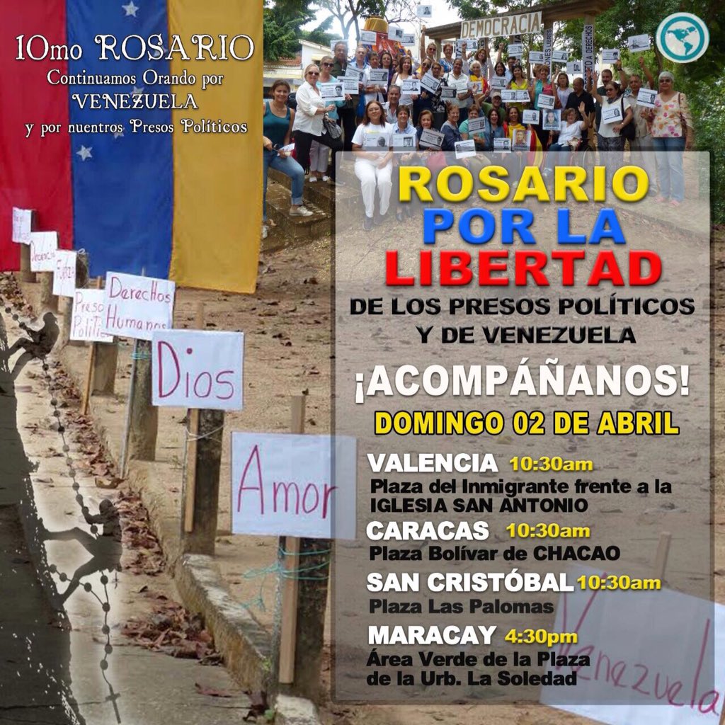 FPresoPoliticos's tweet photo. #Valencia #Tachira #Maracy Únete este Domingo #2Abril a nuestros #RosarioPorLaLibertad de Vzla y los Presos Políticos
@accionlibertad https://t.co/p2oRdR0d25