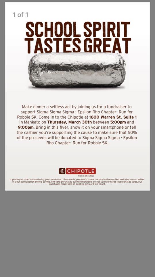 trisigma_EP's tweet image. Don't forget to go to Chipotle @ U-square tonight! Show this poster at checkout so 50% of the proceeds will go towards our 5K this Sunday! 😊