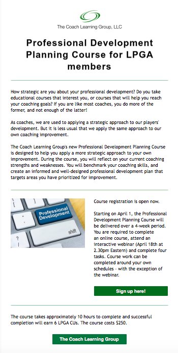 theclg1's tweet photo. @LPGA how strategic are you about professional development? @tclg1 Professional Development Planning Course can help https://t.co/ihQiTyc9Gh https://t.co/S1gwnBr2k1