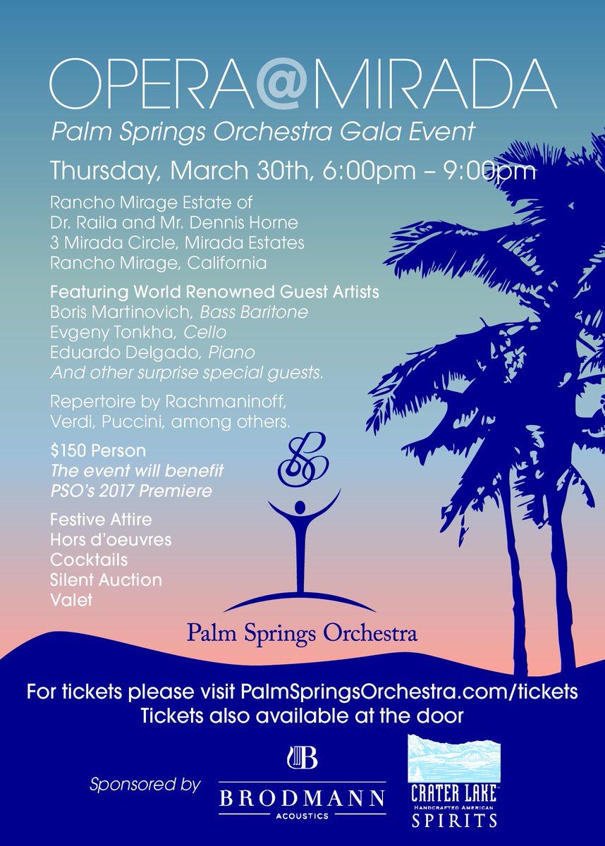 ps_orchestra's tweet photo. TONIGHT! Opera At Mirada, a Palm Springs Orchestra gala event. Tickets available at the door. https://t.co/B7IyXi6Vvm