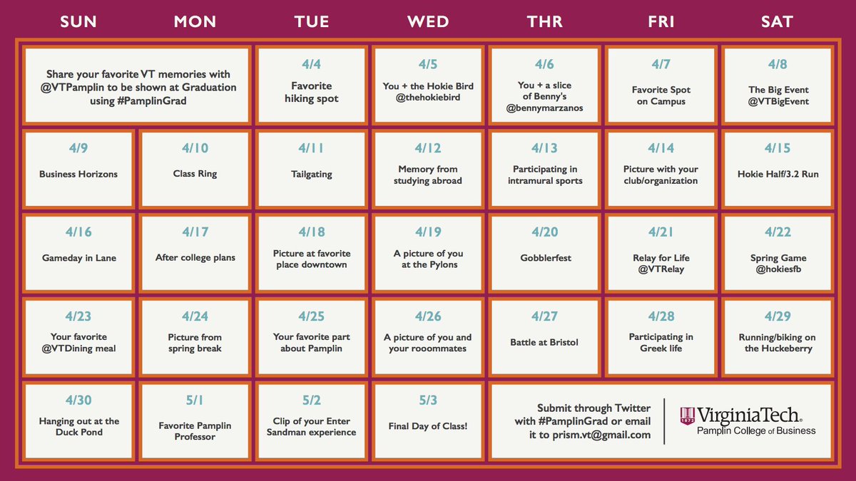 VTPamplin's tweet image. ATTENTION SENIORS! Share your favorite VT memories with us to be shown at graduation! #PamplinGrad