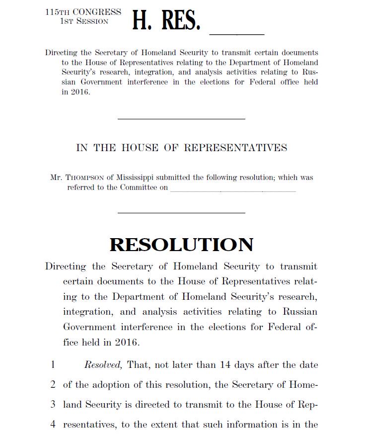 HomelandDems's tweet photo. Today @BennieGThompson introduced a RESOLUTION OF INQUIRY directing DHS to provide info on Russia hacking & election interfering campaign 1/ https://t.co/G7J7o0oTMu