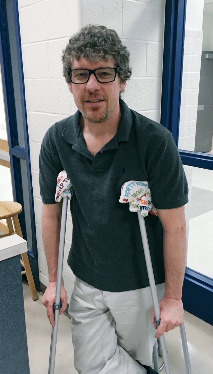 ExeterTwpSHS's tweet photo. Mr. Walsh was injured due to all the mental exertion required by his AP Calc review sessions.  It's all worth it with those 4s &amp; 5s! #gimpy https://t.co/NBbkEFR7Rm