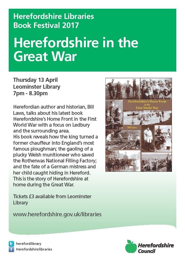 HfdsLibraries's tweet photo. Herefordshire in the Great War with Bill Laws
Leominster Library
Thurs 13th April
7-8:30pm
£3 per ticket, call 01432 383290 to book https://t.co/BLkSgHZwpC