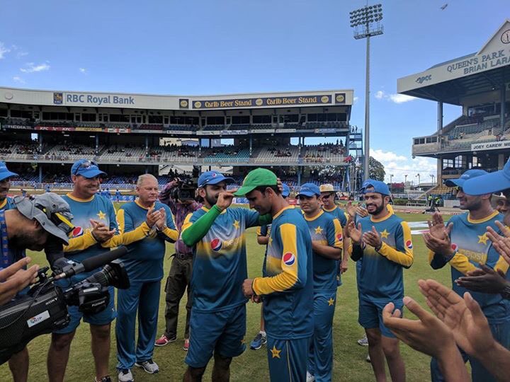 sawerapasha's tweet photo. Fakhr Zaman to make his International T20 Debut tonight.. Hafeez dropped and hands Fakhr his 1st International cap! #WIvPak https://t.co/SQ82Th5xZU