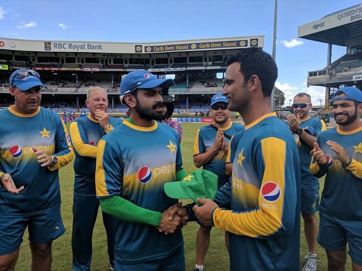 sawerapasha's tweet photo. Fakhr Zaman to make his International T20 Debut tonight.. Hafeez dropped and hands Fakhr his 1st International cap! #WIvPak https://t.co/SQ82Th5xZU