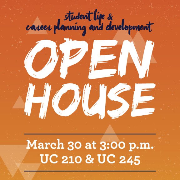 Student Life &amp; CPAD Open House
TODAY | 3:00 p.m. | UC 210 &amp; 245
Door Prizes | Free Food | Fun with Our Chancellor
