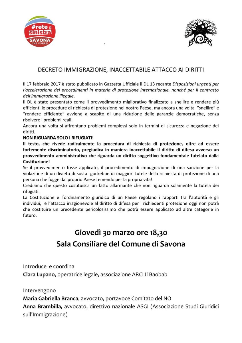 ReteaSinistraSv's tweet photo. #Reteasinista #Savona e associazione Baobab: #Decretoimmigrazione inaccettabile attacco ai #Diritti https://t.co/ENE8IFPG0x