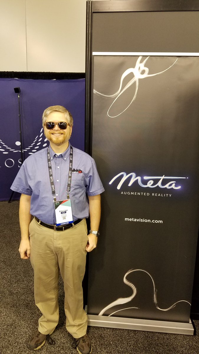 HoustonTexasVR's tweet photo. Just signed up for a demo of the latest rev of @metaglasses at #SVVR2017 Can't wait! Wearing their stylish Meta 6 sunglasses now. https://t.co/dfkPHAzow1
