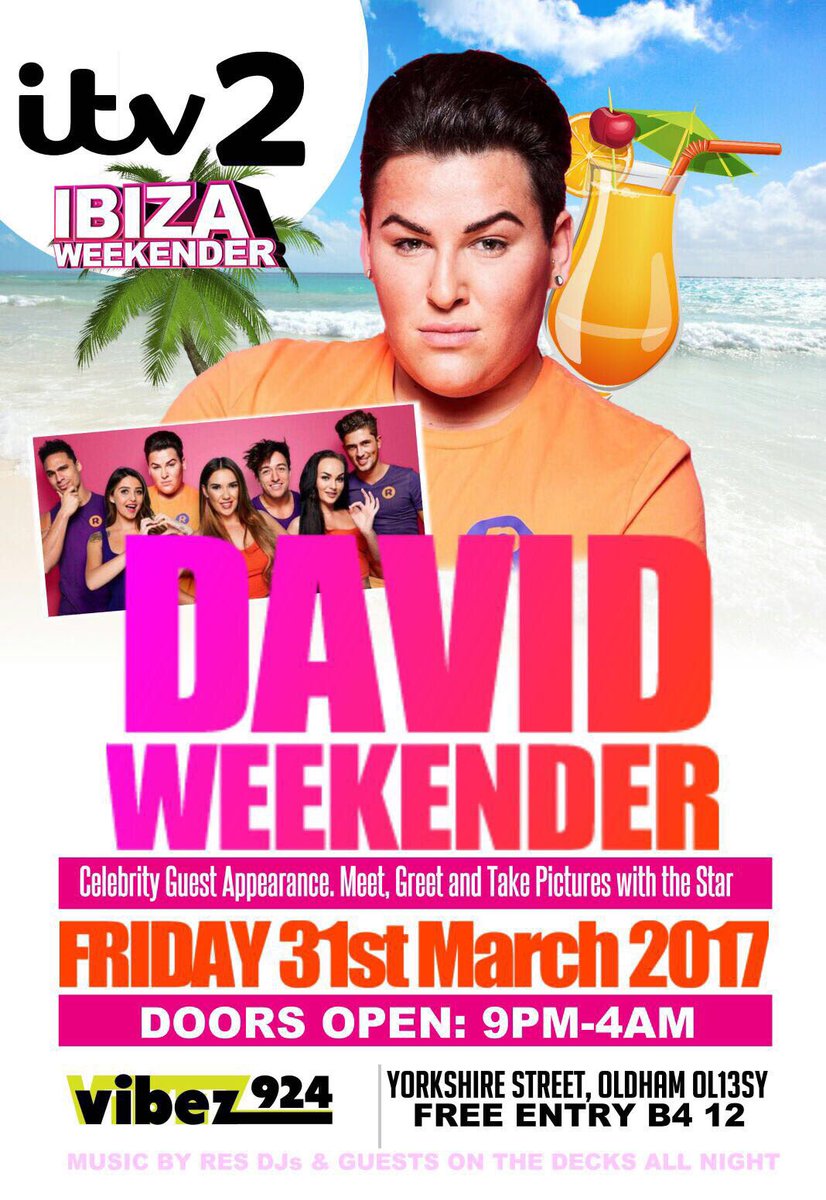 Lucky7Talent's tweet photo. Catch our Ibiza Weekender Head Rep @DavidWeekender hosting his PA at @Vibez924 in Oldham this Friday! Don't miss out! #DavidWeekender 🍹✌🏼⭐ https://t.co/fB641R2yrC
