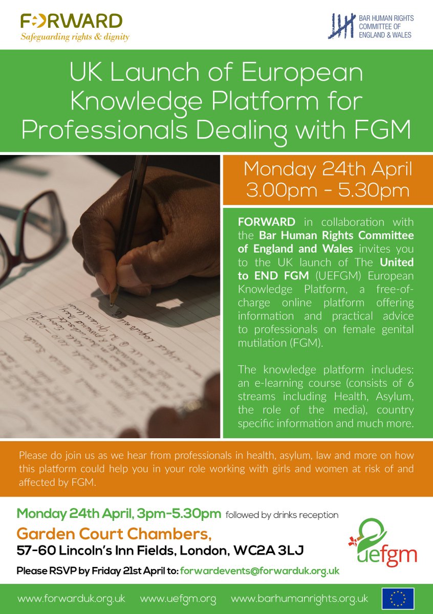 Upcoming Event: UK LAUNCH OF EUROPEAN KNOWLEDGE PLATFORM FOR PROFESSIONALS DEALING WITH #FGM <a href="/UEFGM/">United to End FGM</a> <a href="/BarHumanRights/">Bar Human Rights Committee of England & Wales</a> bit.ly/2odsIBA