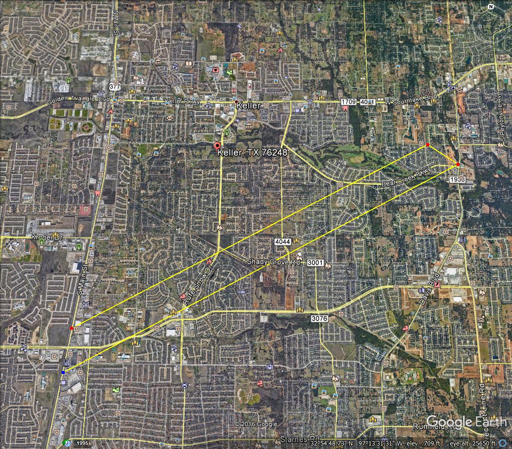 cityofkellertx's tweet photo. .@NWSFortWorth has confirmed that Keller was hit w/a 500-yard-wide, F-0 tornado with est. wind speeds of 83-85 mph. Damage corridor: https://t.co/UMcPQssTRy