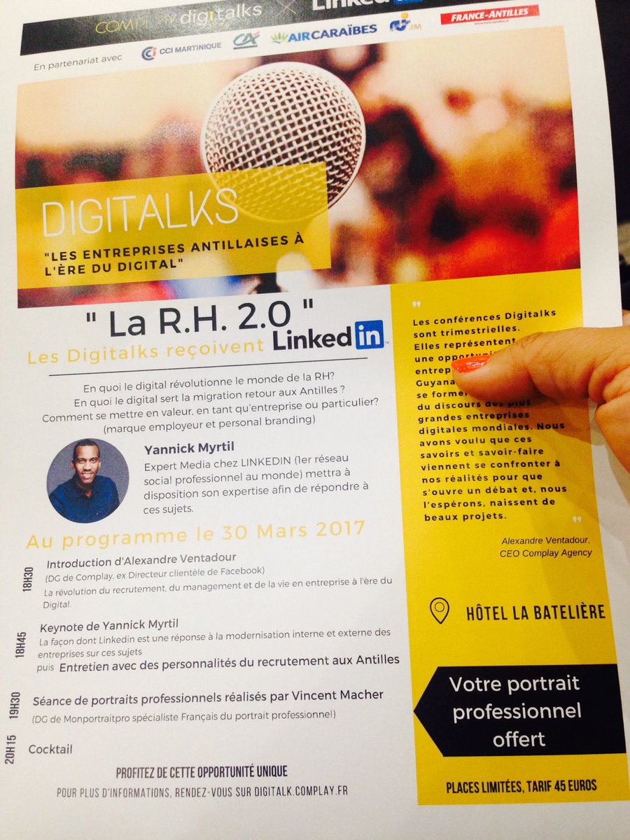 DelfineCortassa's tweet photo. #Complaydigitalks en direct #Martinique "La R.H. 2.0" #Antilles #Digital #Recrutement #Management #Entreprises #LinkedIn @Complayagency https://t.co/Om21RT535r