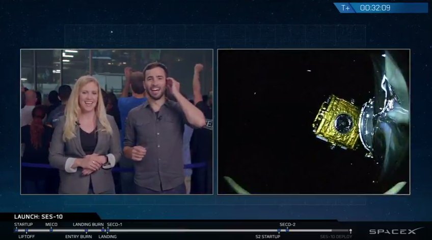 Successful deployment of SES-10 to geostationary transfer orbit confirmed.
