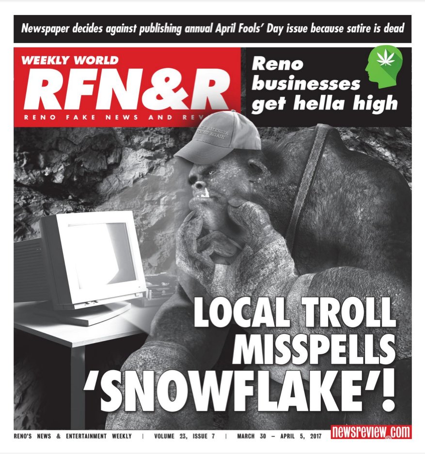 RNRtwits's tweet photo. #News from #Reno, #Nevada- "Newspaper decides against publishing annual #aprilfoolsday issue because satire is dead" https://t.co/yAamMHvvmD https://t.co/Z61SyiooNz
