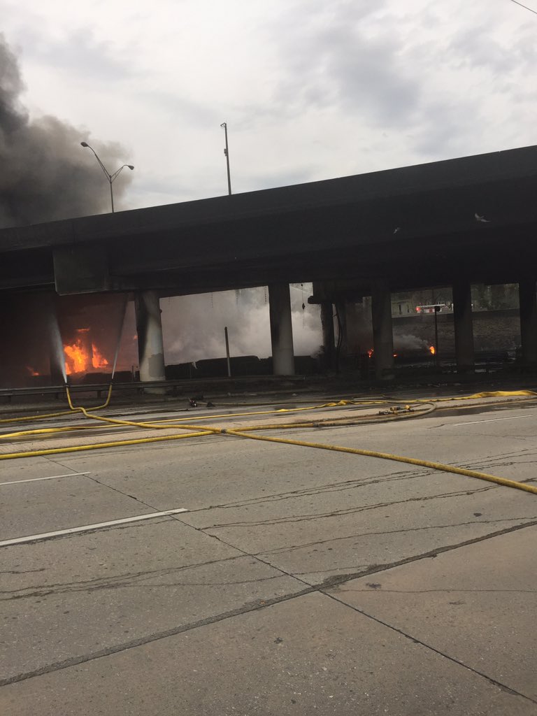 ATLFireRescue's tweet photo. *Emergency* Interstate 85 in Atlanta GA has just collapsed due to fire under bridge. All lanes blocked. Avoid the area. https://t.co/5Pa5yJN9YI