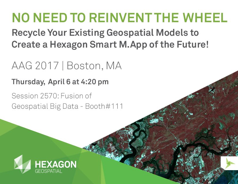 HexagonSIG's tweet image. Catch #HexGeospatial @michaelannlane at #AAG2017 and learn how to transform #SpatialModels into #SmartMApps! hxgn.biz/2nnQw2g