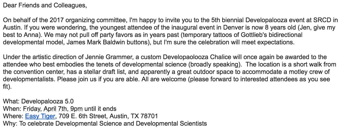 JamieLarsH's tweet image. For those attending #SRCD, come join me at Developalooza! 
Friday (4/7) at the Easy Tiger, 709 E. 6th St. Austin (Please #RT, it&apos;s a party)