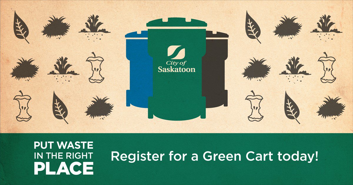 cityofsaskatoon's tweet photo. Avoid delays with your first Green Cart collection. Register or renew by April 1! https://t.co/MGwxaYrM4I https://t.co/PZoOam4EAE