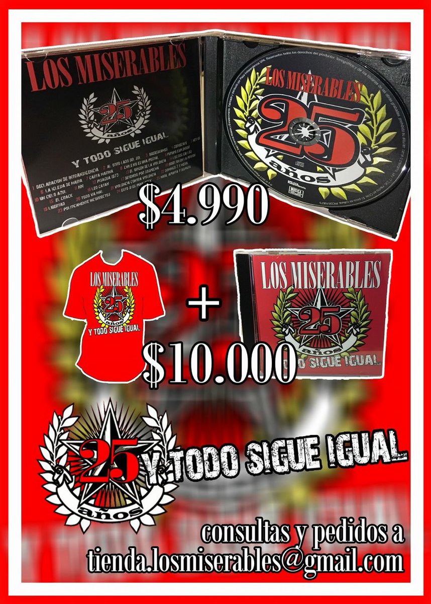 Seguimos recibiendo sus pedidos para el pack 25 años. Envío a todas las regiones. Consultas​ y pedidos a tienda.losmiserables@gmail.com