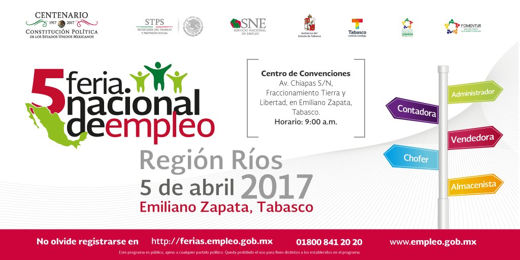 SNE_Tabasco's tweet image. ¿Busca empleo? Los invitamos a asistir a la 5ª Feria Nacional de Empleo Región Ríos 2017, este 5 de abril en #EmilianoZapata #SNETabasco
