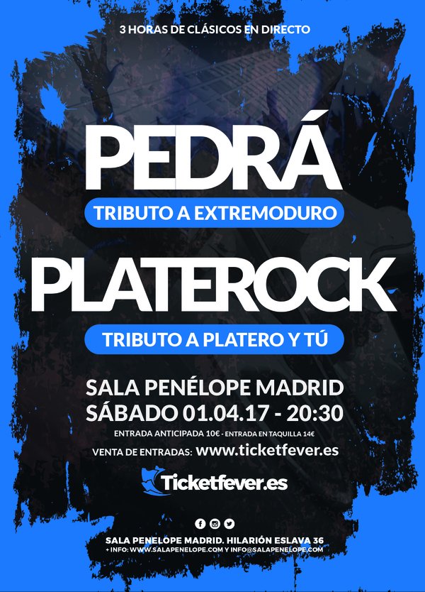 PenelopeMadrid's tweet photo. ✸MADRID✸ gran tributo a Extremoduro y Platero y tú Sábado 1 de Abril
Tres horas de concierto
➥ ULTIMAS ENTRADAS!!
https://t.co/oe0RYtolob https://t.co/VI0Fz0Ku2J