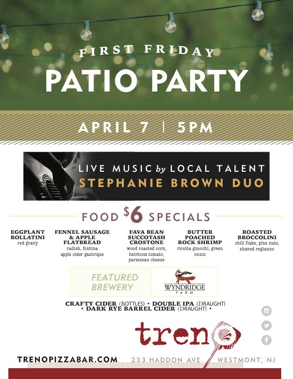 #FirstFriday April 7th <a href="/TrenoPizzaBar/">Treno Pizza Bar</a> - Come #Party on the Patio with Stephanie Brown Duo #PizzaPastaVino