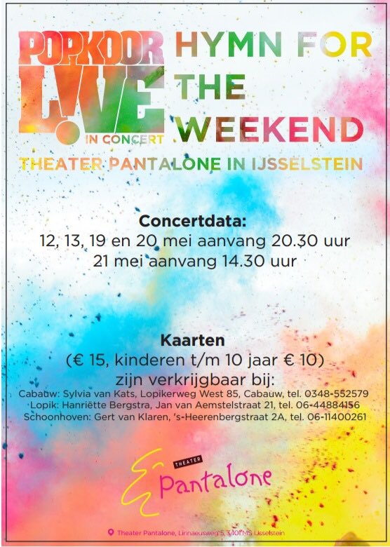 PopkoorLIVE's tweet photo. 12, 13, 19, 20 en 21 mei! #concert #Popkoorl!ve #pantalone #youdontwannamiss https://t.co/nSCeq5sk5F