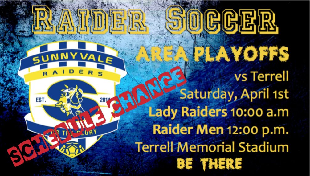 SVRaiderBooster's tweet photo. Due to STAAR Testing @SHSRaiderSoccer Area Playoffs moved to Sat
Ladies 10:00 am
Men 12:00 
Terrell Memorial
1300 W. Moore
Terrell TX, 75160 https://t.co/30TVH1viCE