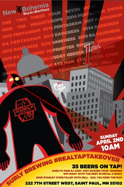 NewBoStPaul's tweet photo. Don't forget this Sunday, 9am. @surlybrewing  is taking down every tap at New Bohemia St. Paul. #getsurly #drinklocal #gowild https://t.co/NrBjkySGS9