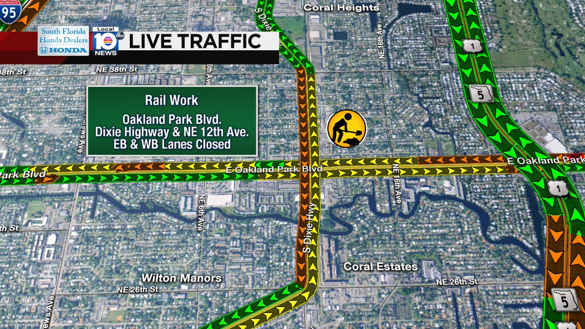 RAIL WORK: EB & WB Oakland Park Blvd is shut down between Dixie Highway & NE 12th Ave. Expect delays. #TRAFFIC https://t.co/TFQNJfAEit