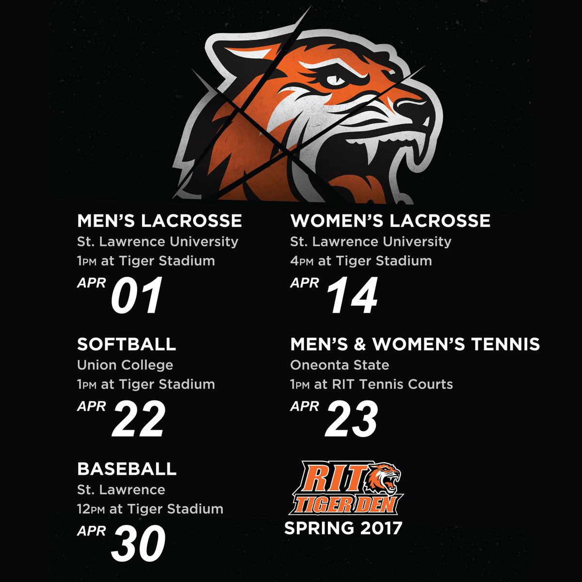 RITTigerDen's tweet photo. The Spring #RITTigerDen schedule is here! Save it NOW and #GettotheGame! https://t.co/Tj7EagFXhI
