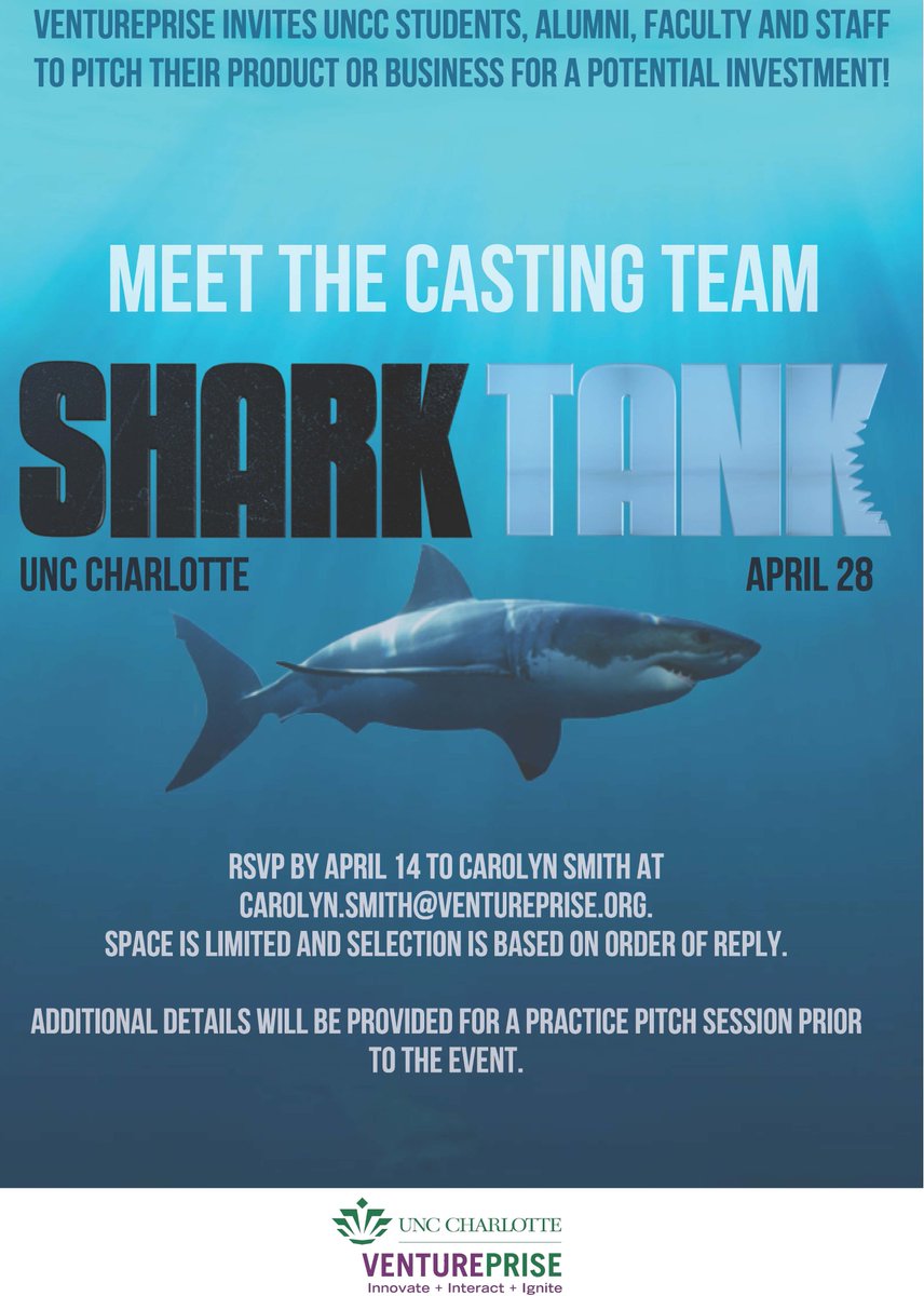 49erFoundry's tweet photo. Shark Tank is looking for #UNCC alumni, student, faculty and staff entrepreneurs! RSVP by April 14th. https://t.co/BRKrfLW8aT