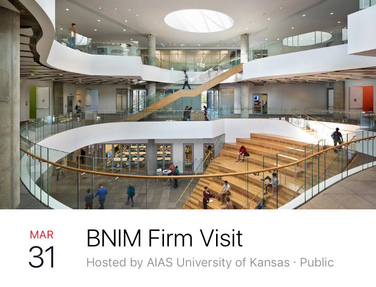 KU_AIAS's tweet image. TOMORROW join us for a visit to BNIM in KC 2pm-3pm! Go to our Facebook event page to sign up and secure your spot. @BNIM