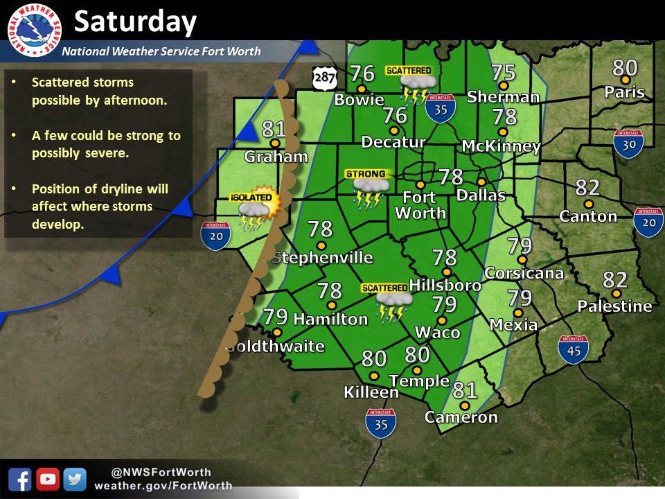NWSFortWorth's tweet photo. Active weather returns this weekend. Some severe storms and locally heavy rain possible. #txwx #dfwwx #ctxwx #texomawx https://t.co/EoFeI6sqhf