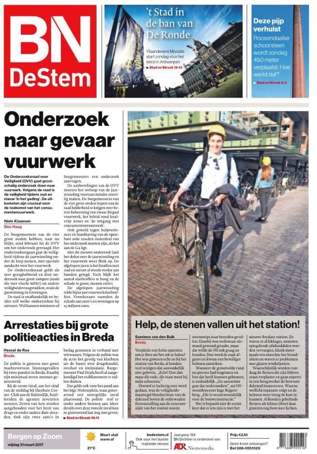 Voorpagina BN DeStem: help, de stenen vallen uit het station!
Plus: arrestaties bij invallen Breda, schoorsteenpijp Roosendaal verhuist