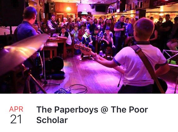 PaperboysBandIE's tweet photo. Hi everyone, we're playing in The Poor Scholar on the 29th of April, great set list planned so make sure to come down 🎸 #thepaperboys #gig https://t.co/Nq9WAhuCFN