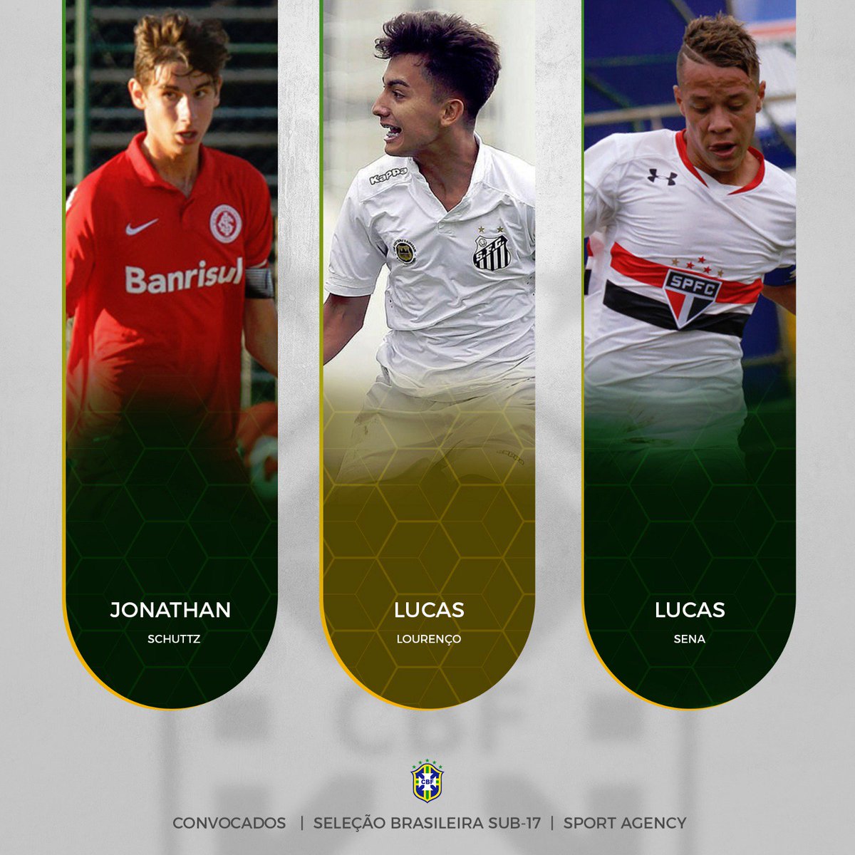 Parabéns aos nossos atletas Jonathan Schuttz (Inter), Lucas Lourenço (Santos) e Lucas Sena (São Paulo)! Convocados para Seleção Sub-17.