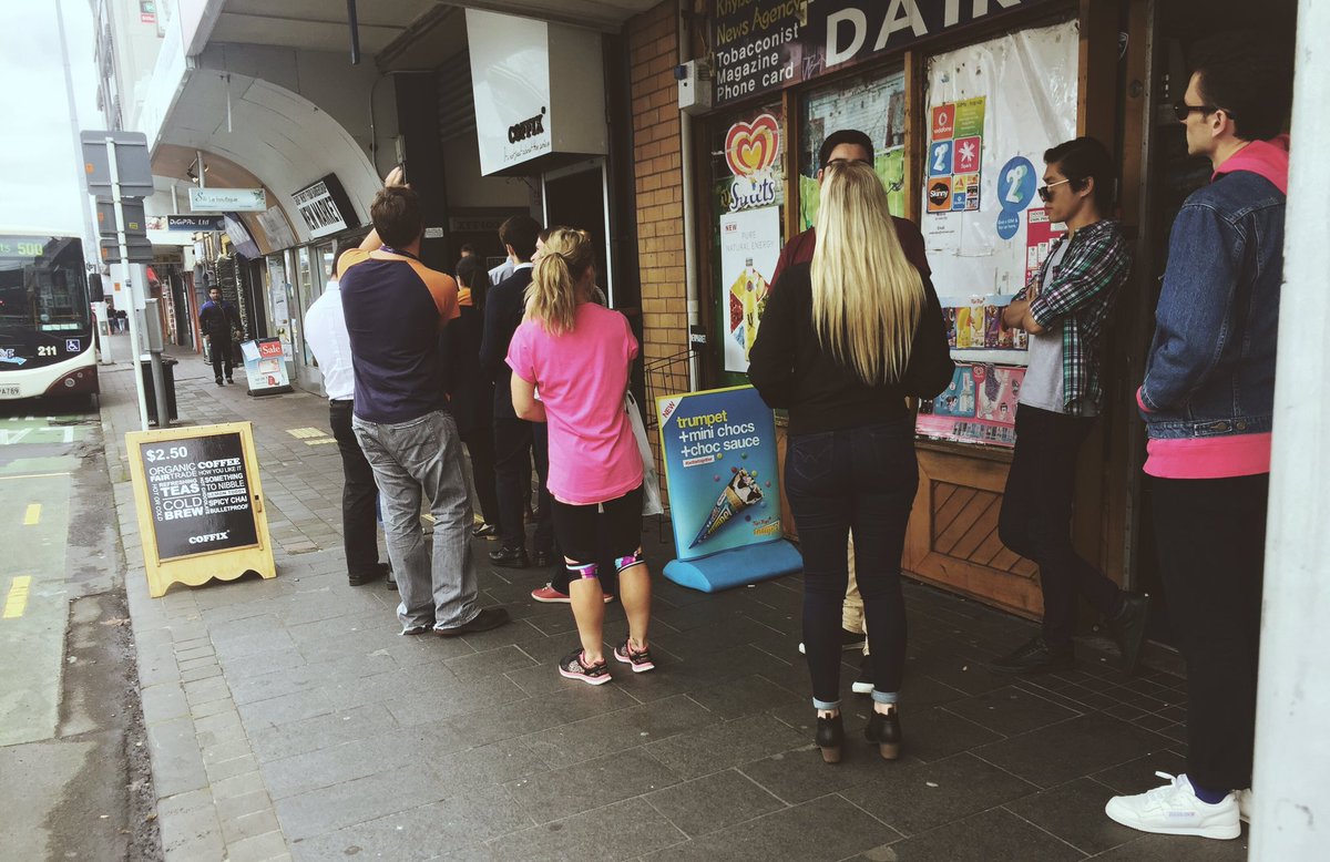 ShaunEdlin's tweet photo. This is what happens in Auckland if you start charging $2.50 for an actual flat white @CoffixNZ #CoffeeQueue https://t.co/oV82WxlQwb