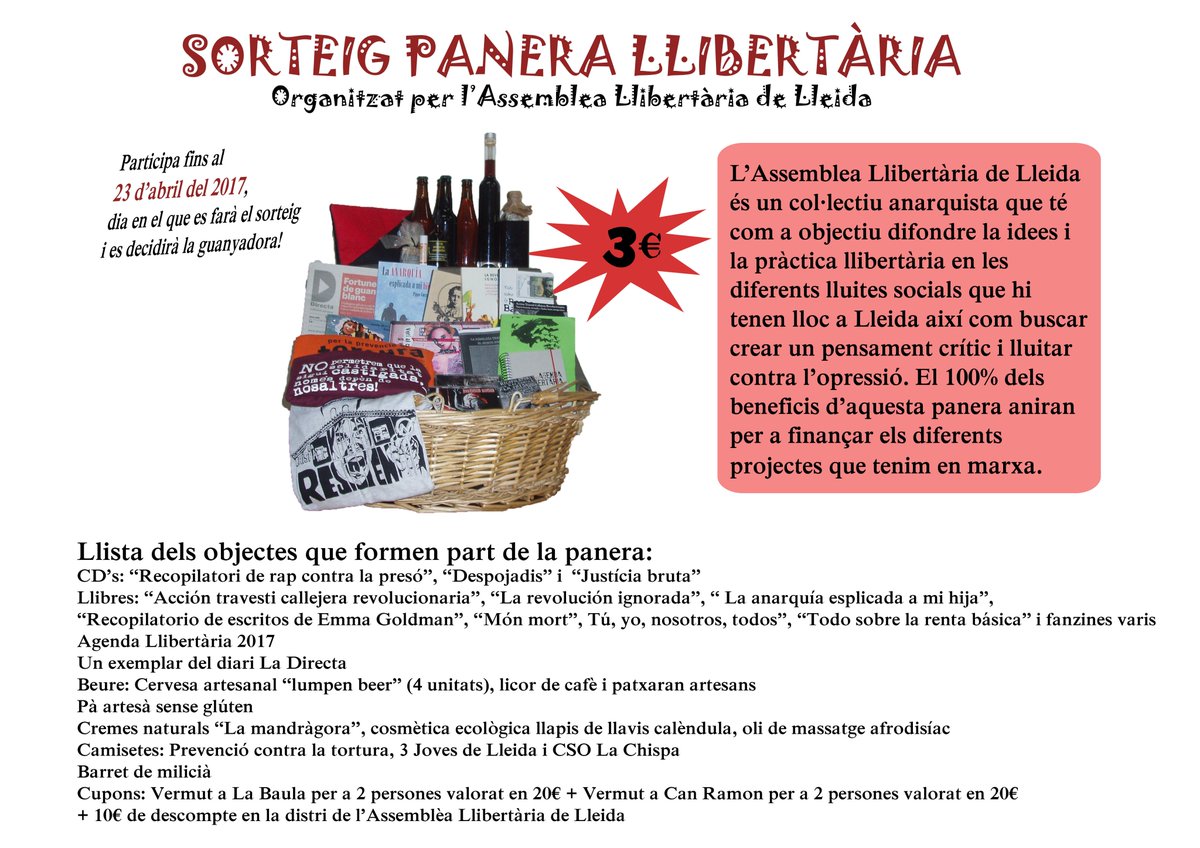 Recordeu apuntar-vos a la Panera llibertària a <a href="/CanRamonLleida/">Can Ramon</a>, <a href="/labaulalleida/">La Baula Ateneu Cooperatiu #200Baules</a> i  a la Biblioteca Maria Rius (Carrer Corts Catalanes, 79).