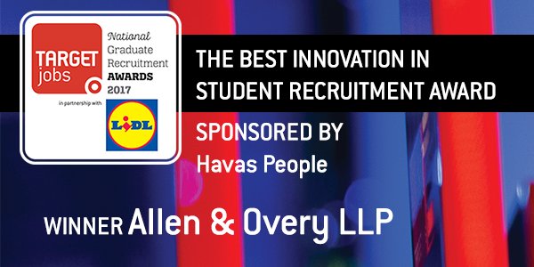 TJawards's tweet image. The best innovation in student recruitment award, sponsored by @HavasPeople, goes to @AllenOveryGrads - @GradPromotions! #TJawards2017
