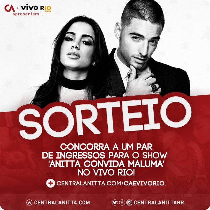 centralanittabr's tweet photo. Dê RT, quote um(a) amigo(a) com a tag #AnittaEMalumaNoVivoRio e concorra a 1 par de ingressos para o show no RJ.  

https://t.co/WcRRN8u5GO https://t.co/WDX5F46xSO