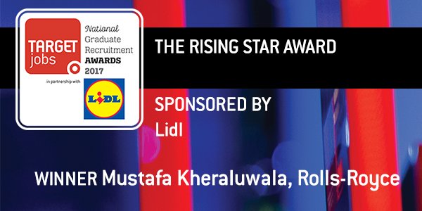 TJawards's tweet photo. The rising star award, sponsored by @LidlUK, goes to Mustafa Kheraluwala @RollsRoyce! Congrats Mustafa! #TJawards2017 https://t.co/PL1ies7KaG